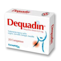 <b>Dequadin 0,25 mg compresse</b><br>  Dequalinio cloruro<br><b>Che cos’è e a che cosa serve</b><br>Dequadin contiene il principio attivo dequalinio cloruro (detto anche decametilen bis  aminochinaldina cloruro), ed è un farmaco antiba