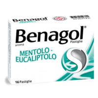 <b>BENAGOL 1,2 mg + 0,6 mg + 8 mg Pastiglie gusto Mentolo-Eucaliptolo</b><br>  2,4-diclorobenzil alcool + amilmetacresolo + mentolo<br><b>Che cos’è e a che cosa serve</b><br>BENAGOL contiene i principi attivi 2,4-diclorobenzil alcool, amilmet