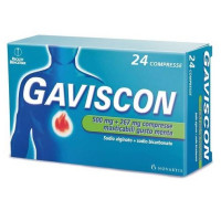 <b>GAVISCON 500 mg + 267 mg compresse masticabili gusto menta</b><br>  Sodio alginato + sodio bicarbonato<br><b>Che cos’è e a che cosa serve</b><br>Gaviscon è un medicinale che appartiene alla classe dei farmaci utilizzati per il tratt