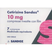 <b>Cetirizina Sandoz 10 mg compresse rivestite con film</b><br>  Cetirizina dicloridrato<br><b>Che cos’è e a che cosa serve</b><br>Cetirizina dicloridrato è il principio attivo di Cetirizina Sandoz.<br>  Cetirizina Sandoz è un m