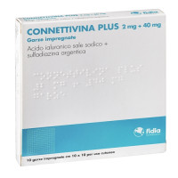<b>Connettivina Plus 2 mg + 40 mg garze impregnate<br>  Connettivina Plus 4 mg + 80 mg garze impregnate<br>  Connettivina Plus 12 mg + 240 mg garze impregnate</b><br>  Acido ialuronico sale sodico + sulfadiazina argentica<br><b>Che cos’è e a 