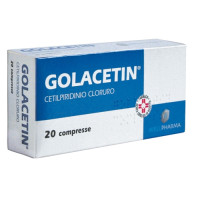 Golacentin<br><b>Che cos’è e a che cosa serve</b><br>GOLACETIN si presenta in forma di compresse.<br> Il contenuto della confezione è di 20 compresse da 1,3 mg di cetilpiridinio cloruro.<br> GOLACETIN si usa come disinfettante della mu