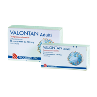 <b>VALONTAN Adulti 100 mg compresse rivestite</b><br>  Dimenidrinato<br><b>Che cos’è e a che cosa serve</b><br>Antiemetico ed antinausea: serve per la prevenzione e il trattamento di nausea, vomito e vertigini (perdita dell'equilibrio)<br