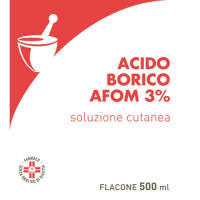Acido borico AFOM 3% soluzione cutanea<br><b>Che cos’è e a che cosa serve</b><br>Antisettico per la disinfezione di ustioni minori e di aree cutanee irritate o screpolate. La soluzione si utilizza,  inoltre, sottoforma di tamponi locali ad az