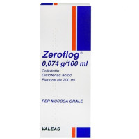 <b>Zeroflog 0,074 g/100 ml collutorio, 1 flacone</b><br>  Diclofenac acido<br><b>Che cos’è e a che cosa serve</b><br>Il principio attivo di Zeroflog è diclofenac acido. Questo medicinale è impiegato per il trattamento dei  sinto