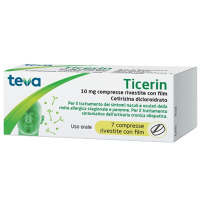 <b>TICERIN 10 mg compresse rivestite con film</b><br>  Cetirizina dicloroidrato<br><b>Che cos’è e a che cosa serve</b><br>Cetirizina dicloroidrato è il principio attivo di Ticerin.<br>  Ticerin è un medicinale antiallergico.<br>
