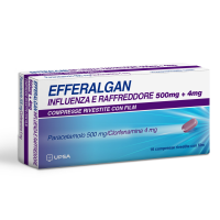 <b>EFFERALGAN INFLUENZA E RAFFREDDORE 500 mg + 4 mg compresse rivestite con film</b><br>  Paracetamolo 500 mg/Clorfenamina 4 mg<br><b>Che cos’è e a che cosa serve</b><br>Categoria farmacoterapeutica: ANTIPIRETICI ANALGESICI ANTISTAMINICI INIB