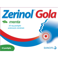 <b>Zerinol Gola menta  20 mg pastiglie</b><br>  Ambroxolo cloridrato<br><b>Che cos’è e a che cosa serve</b><br>Zerinol Gola menta contiene come principio attivo <em>ambroxolo cloridrato</em>. Il principio attivo è il  componente della 