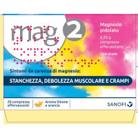 <b>MAG2 2,25 g compresse effervescenti</b><br>  Magnesio pidolato<br><b>Che cos’è e a che cosa serve</b><br>MAG2 è un medicinale per uso orale che contiene come principio attivo il magnesio  pidolato.<br>  Questo medicinale si usa nel 