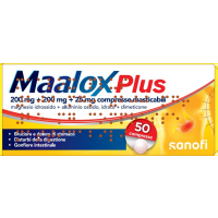 <b>MAALOX PLUS 200 mg + 200 mg + 25 mg compresse masticabili</b><br>  Magnesio idrossido + Alluminio ossido, idrato + Dimeticone<br><b>Che cos’è e a che cosa serve</b><br>Questo medicinale contiene i seguenti principi attivi: magnesio idrossi