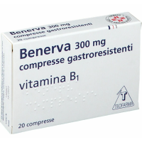 <b>Benerva 300 mg compresse gastroresistenti</b><br>Tiamina cloridrato (Vitamina B1)<br><b>Che cos’è e a che cosa serve</b><br>Benerva contiene il principio attivo tiamina cloridrato (detta anche vitamina B1).  Benerva è indicato:<br> 
