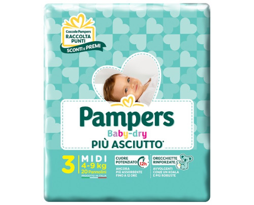 PAMPERS BABY DRY DOWNCOUNT MIDI 20 PEZZI
