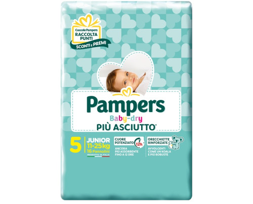 PAMPERS BABY DRY PANNOLINI DOWNCOUNT JUNIOR 16 PEZZI