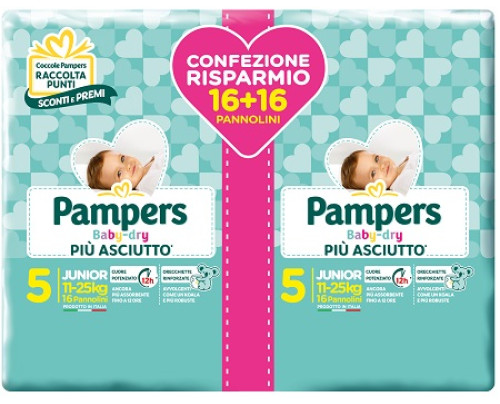 PAMPERS BABY DRY PANNOLINI DUO DOWNCOUNT JUNIOR 32 PEZZI