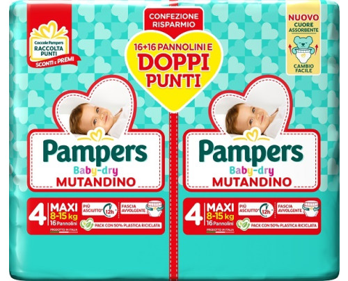 PAMPERS BABY DRY PANNOLINO MUTANDINA MAXI DUO DOWNCOUNT 32 PEZZI