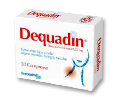 <b>Dequadin 0,25 mg compresse</b><br>  Dequalinio cloruro<br><b>Che cos’è e a che cosa serve</b><br>Dequadin contiene il principio attivo dequalinio cloruro (detto anche decametilen bis  aminochinaldina cloruro), ed è un farmaco antiba