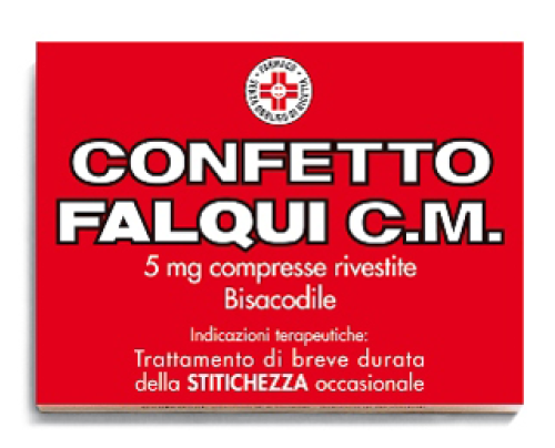 <b>CONFETTO FALQUI C.M. 5 mg compresse rivestite</b><br>  Bisacodile<br><b>Che cos’è e a che cosa serve</b><br>CONFETTO FALQUI C.M. contiene bisacodile. Appartiene ad un gruppo di medicinali chiamati  lassativi di contatto.<br>  CONFETTO FALQ