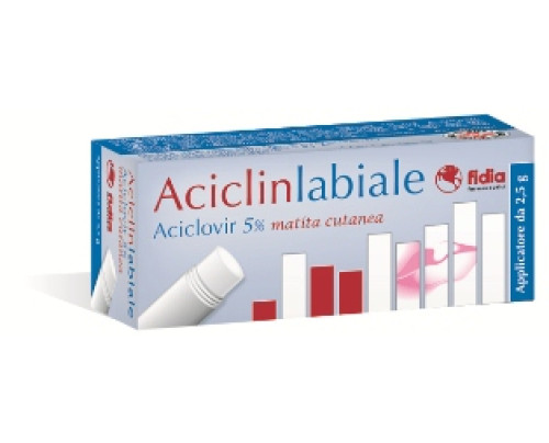 <b>Aciclinlabiale 50 mg/g matita cutanea</b><br>  Aciclovir<br><b>Che cos’è e a che cosa serve</b><br>Aciclinlabiale contiene il principio attivo aciclovir; è un medicinale antivirale specifico e selettivo, che  agisce nei confronti de