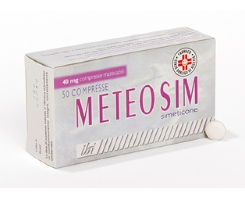 <b>METEOSIM 40 mg compresse masticabili</b><br>  Simeticone<br><b>Che cos’è e a che cosa serve</b><br>METEOSIM contiene il principio attivo simeticone, un antimeteorico che agisce favorendo  l'eliminazione dei gas che si formano nello sto