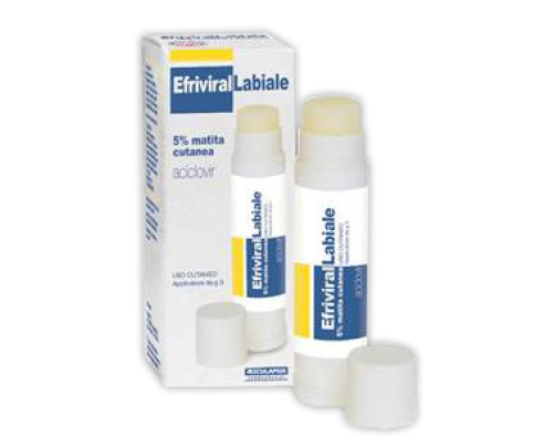 <b>EFRIVIRALLABIALE 50 mg/g matita cutanea<br>  Aciclovir</b><br><br>  Medicinale equivalente<br><b>Che cos’è e a che cosa serve</b><br>EFRIVIRALLABIALE contiene il principio attivo aciclovir, che serve per il trattamento delle infezioni caus