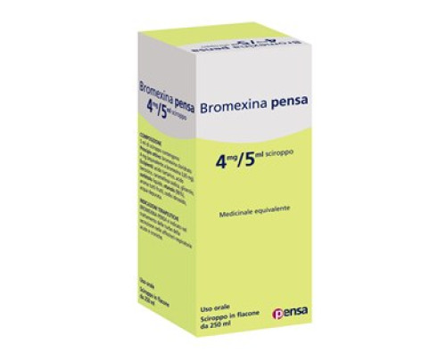 <b>BROMEXINA PENSA 4 mg/5 ml sciroppo</b><br>  Bromexina cloridrato<br>  Medicinale equivalente<br><b>Che cos’è e a che cosa serve</b><br>BROMEXINA PENSA contiene il principio attivo bromexina che appartiene ad un gruppo di medicinali  chiama