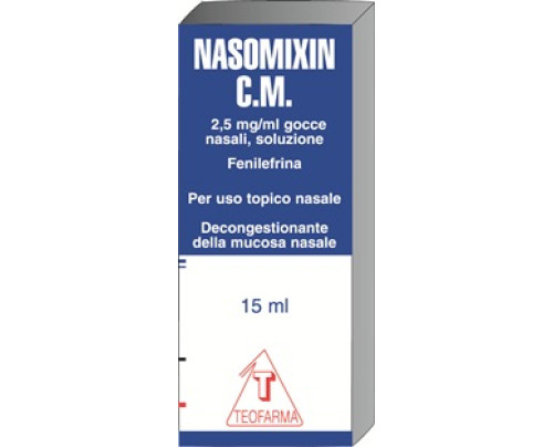 <b>NASOMIXIN C.M. 2,5 mg/ml gocce nasali, soluzione</b><br>  Fenilefrina cloridrato<br><b>Che cos’è e a che cosa serve</b><br>Questo medicinale contiene il principio attivo fenilefrina cloridrato, che appartiene ad un gruppo di  medicinali ch