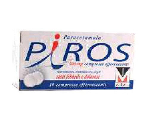 <b>PIROS 500 mg compresse effervescenti</b><br>  Paracetamolo<br><b>Che cos’è e a che cosa serve</b><br>PIROS contiene il principio attivo paracetamolo ed è utilizzato come antipiretico (antifebbrile) e analgesico  (antidolorifico).<br