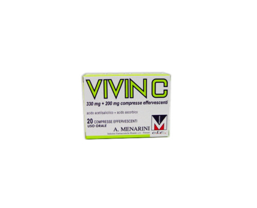 VIVIN C<br><b>Che cos’è e a che cosa serve</b><br>"VIVIN C contiene i principi attivi acido acetilsalicilico (un inibitore della sintesi delle prostaglandine con attività antinfiammatoria e antidolorifica) e acido ascorbico (vitamina C