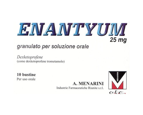 <b>Enantyum 25 mg granulato per soluzione orale</b><br>  Dexketoprofene<br><b>Che cos’è e a che cosa serve</b><br>Enantyum è un antidolorifico appartenente al gruppo di medicinali denominati farmaci antinfiammatori non  steroidei (FANS