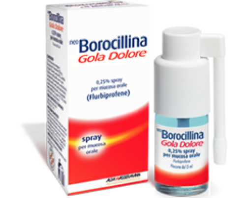 <b>NEO BOROCILLINA GOLA DOLORE 0,25% spray per mucosa orale gusto menta  NEO BOROCILLINA GOLA DOLORE 0,25% spray per mucosa orale gusto arancia e miele  NEO BOROCILLINA GOLA DOLORE 0,25% spray per mucosa orale gusto limone e miele</b><br>  flurbiprofene<b