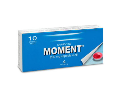 MOMENT 200 mg capsule molli<br>Ibuprofene<br><b>Che cos’è e a che cosa serve</b><br>Moment contiene ibuprofene, un medicinale che appartiene alla classe degli analgesiciantinfiammatori, cioè farmaci che combattono il dolore e l’i