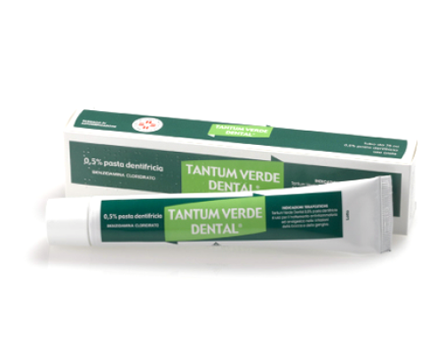 <b>TANTUM VERDE DENTAL 0,5% pasta dentifricia </b><br> Benzidamina cloridrato<br><b>Che cos’è e a che cosa serve</b><br>Tantum Verde Dental contiene benzidamina che ha azione antinfiammatoria, analgesica e anestetica  (che riduce infiammazion