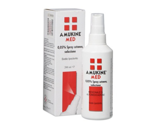 <b>Amukine Med 0,05% spray cutaneo, soluzione</b><br>  Sodio ipoclorito<br><b>Che cos’è e a che cosa serve</b><br>Amukine Med contiene sodio ipoclorito, un antisettico per uso locale.<br>  Amukine Med è indicato per:<br>  • disin