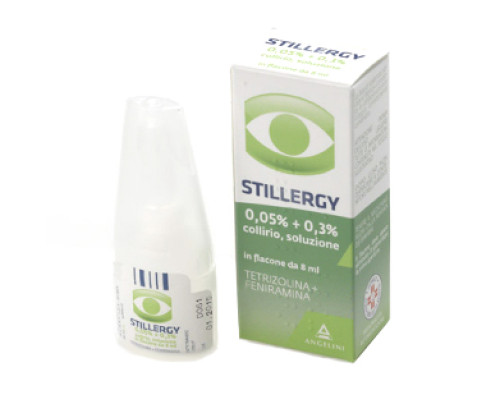 <b>STILLERGY 0,05% + 0,3% collirio, soluzione</b><br>  Tetrizolina cloridrato e Feniramina maleato<br><b>Che cos’è e a che cosa serve</b><br>STILLERGY è un medicinale ad azione decongestionante antiallergica dell'occhio. Si usa per