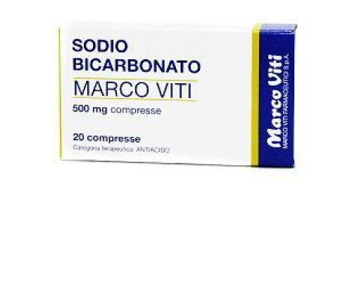 <b>SODIO BICARBONATO MARCO VITI 500 mg compresse</b><br>  Sodio bicarbonato<br><b>Che cos’è e a che cosa serve</b><br>SODIO BICARBONATO MARCO VITI contiene il principio attivo sodio bicarbonato appartenente  alla classe degli antiacidi.<br>  