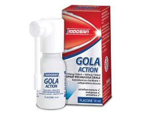 <b>GOLA ACTION<br>  1,5 mg/ml + 5 mg/ml  Spray per mucosa orale, soluzione<br></b>  benzidamina cloridrato/cetilpiridinio cloruro<br><br><b>Che cos’è e a che cosa serve</b><br>GOLA ACTION contiene i principi attivi benzidamina cloridrato e ce