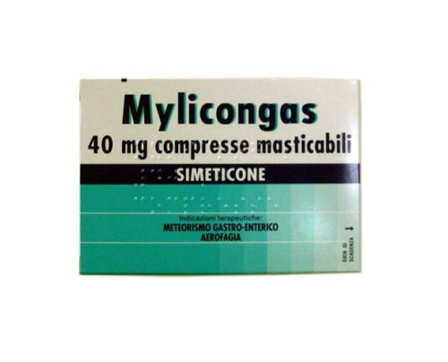 <b>Mylicongas 40 mg compresse masticabili</b><br>  Simeticone<br><b>Che cos’è e a che cosa serve</b><br>Questo medicinale contiene simeticone, principio attivo che agisce eliminando i gas che si formano nello  stomaco o nell'intestino (me