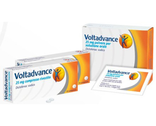 <b>Voltadvance 25 mg compresse rivestite con film<br>  Voltadvance 25 mg polvere per soluzione orale</b><br>  Diclofenac sodico<br><b>Che cos’è e a che cosa serve</b><br>Voltadvance contiene il principio attivo diclofenac sodico, che appartie