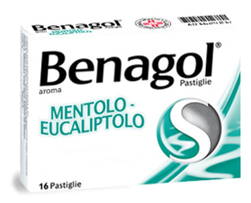 <b>BENAGOL 1,2 mg + 0,6 mg + 8 mg Pastiglie gusto Mentolo-Eucaliptolo</b><br>  2,4-diclorobenzil alcool + amilmetacresolo + mentolo<br><b>Che cos’è e a che cosa serve</b><br>BENAGOL contiene i principi attivi 2,4-diclorobenzil alcool, amilmet