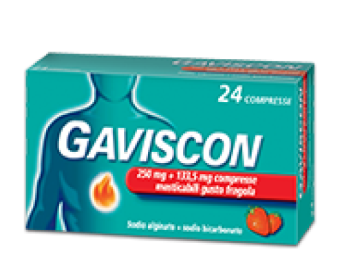 <b>GAVISCON 250 mg + 133,5 mg compresse masticabili gusto menta<br>  GAVISCON 250 mg + 133,5 mg compresse masticabili gusto fragola</b><br>  Sodio alginato + sodio bicarbonato<br><b>Che cos’è e a che cosa serve</b><br>Gaviscon è un med