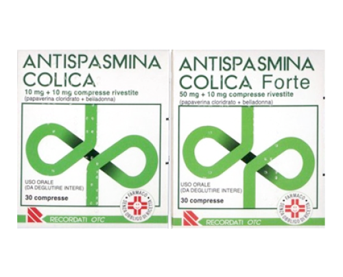<b>Antispasmina Colica 10 mg + 10 mg compresse rivestite<br>  Antispasmina Colica Forte 50 mg + 10 mg compresse rivestite</b><br>  Papaverina cloridrato + belladonna<br><b>Che cos’è e a che cosa serve</b><br>Antispasmina Colica contiene due p