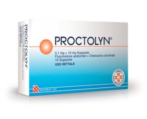 Proctolyn 0,1 mg + 10 mg supposte<br>  fluocinolone acetonide + chetocaina cloridrato<br><b>Che cos’è e a che cosa serve</b><br>Proctolyn contiene due principi attivi: fluocinolone acetonide (glucocorticoide) che agisce contro le  infiammazio