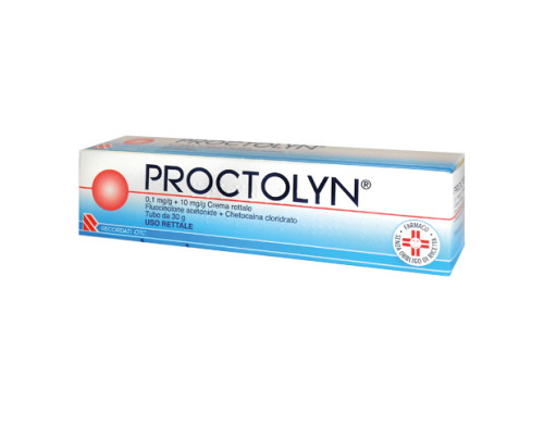 Proctolyn 0,1 mg/g + 10 mg/g crema rettale<br>  fluocinolone acetonide + chetocaina cloridrato<br><b>Che cos’è e a che cosa serve</b><br>Proctolyn contiene due principi attivi: fluocinolone acetonide (glucocorticoide) che agisce contro le inf
