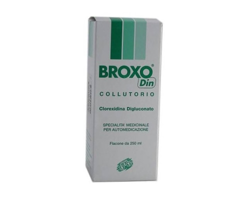 <b>Broxo Din 200 mg/100 g collutorio</b><br>  clorexidina digluconato<br><b>Che cos’è e a che cosa serve</b><br>Broxo Din è un disinfettante della mucosa della bocca, contenente clorexidina digluconato che è una  sostanza antiba
