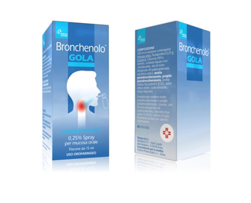 <b>BRONCHENOLO GOLA 2,5 mg/ml collutorio<br>  BRONCHENOLO GOLA 2,5 mg/ml spray per mucosa orale<br></b>  Flurbiprofene<br><b>Che cos’è e a che cosa serve</b><br>Bronchenolo Gola contiene flurbiprofene, un medicinale che agisce contro il dolor
