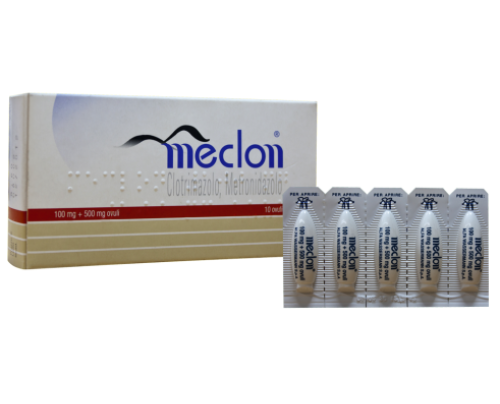 <b>MECLON “100 mg + 500 mg ovuli”<br></b> Metronidazolo, Clotrimazolo<br><b>Che cos’è e a che cosa serve</b><br>Meclon contiene metronidazolo e clotrimazolo, principi attivi che appartengono alla classe di farmaci  detti antinfett