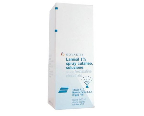 <b>Lamisil 1% spray cutaneo, soluzione  </b><br>Terbinafina cloridrato<br><b>Che cos’è e a che cosa serve</b><br>Lamisil Spray è un antifungino (antimicotico) da usare sulla pelle. Agisce uccidendo i funghi che  causano problemi alla p
