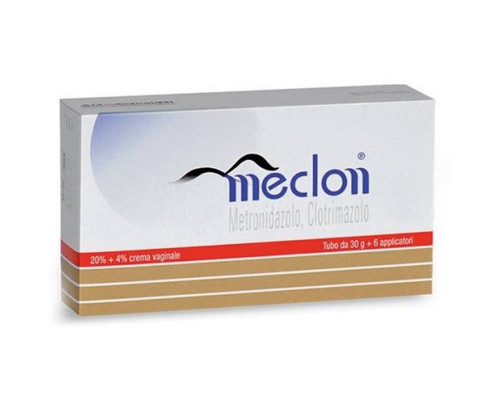 <b>MECLON “20% + 4% crema vaginale”<br></b>   Metronidazolo, Clotrimazolo<br><b>Che cos’è e a che cosa serve</b><br>Meclon contiene metronidazolo e clotrimazolo, principi attivi che appartengono alla classe di farmaci  detti antin