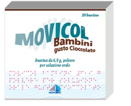 <b>MOVICOL Bambini 6,9 g, polvere per soluzione orale, gusto Cioccolato</b><br><b>Che cos’è e a che cosa serve</b><br>Il nome di questo medicinale è Movicol Bambini gusto Cioccolato, bustina da 6,9 g, polvere per soluzione  orale. &Egr