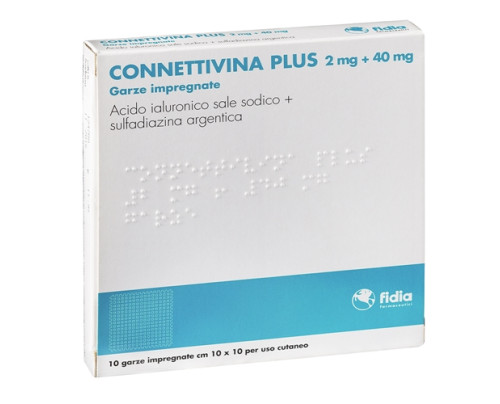 <b>Connettivina Plus 2 mg + 40 mg garze impregnate<br>  Connettivina Plus 4 mg + 80 mg garze impregnate<br>  Connettivina Plus 12 mg + 240 mg garze impregnate</b><br>  Acido ialuronico sale sodico + sulfadiazina argentica<br><b>Che cos’è e a 